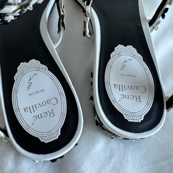 Rene Caovilla White Black Floral Strappy Flat Sandal Size EU38.5 US8.5 - Picture 8 of 16